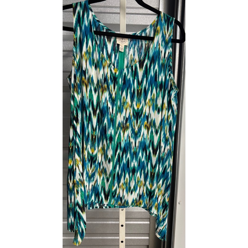 St Johns Bay Womens Teal Blue Ikat Print Rayon Sharkbite Hem Sleeveless Top L